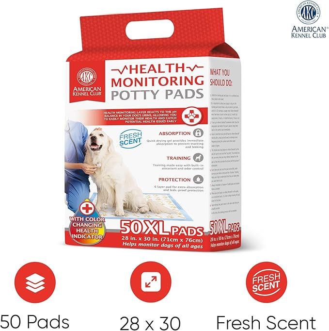 AKC Advanced Puppy Pads with Color-Changing Health+ Indicator and Ultra Absorbent Quick Dry Gel – 28"x30" Leakproof Training Pads for Dogs – Fresh Scented – 50 Count, X-Large