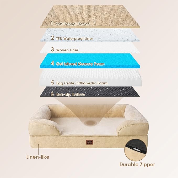 EHEYCIGA Orthopedic Dog Beds for Extra Large Dogs, Waterproof Memory Foam XXL Dog Bed with Sides, Non-Slip Bottom and Egg-Crate Foam Big Pet Couch Bed with Washable Removable Cover, Greige