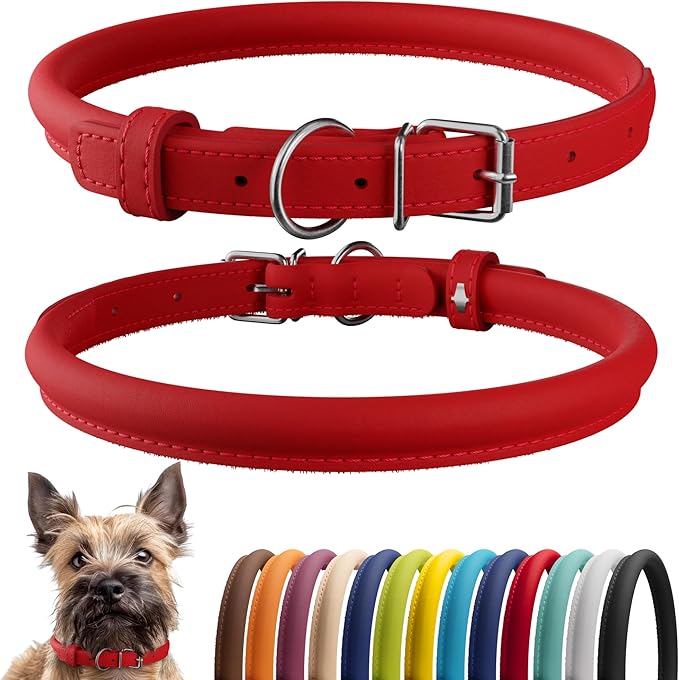 CollarDirect Rolled Leather Dog Collar, Soft Padded Round Puppy Collar, Handmade Genuine Leather Collar Dog Small Large Cat Collars 13 Colors (6-7 Inch, Red Smooth)