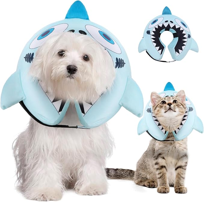 CuteBone Big Shark Inflatable Dog Cone with Removable Soft Fleece Covers for Small/Medium/Large Dogs and Cats Neck Donut Collar After Surgery GWB12L
