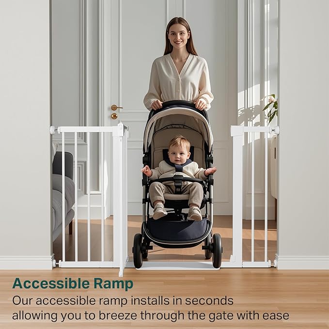 Cumbor 29.7-48" Baby Gate for Stairs, Mom's Choice Awards Winner-Dog Gates for Doorways, Auto Close Safety Pet Gate for Dogs Indoor, Easy Install Pressure Mounted Child Gate with Walk Thru Door, White