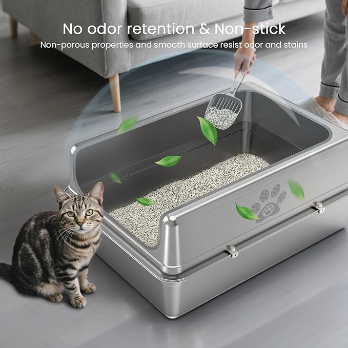 Enclosed Stainless Steel Cat Litter Box with Lid, Oversize Metal Litter Box for Multi Cats, Extra XXL Cat Toilet with High Side, Non-Stick, Anti-Leakage, Odorless, with Cat Litter Mat & Litter Scoop