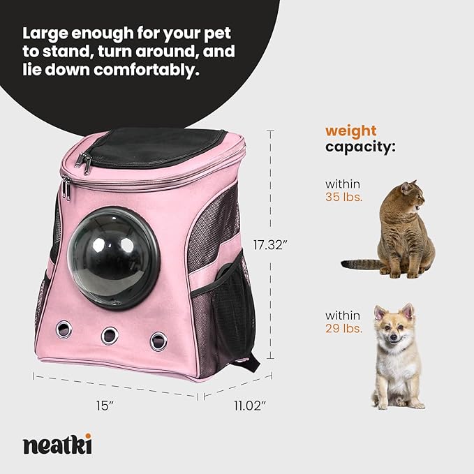 Cat Backpack Carrier, Airline Approved, Space Capsule Bubble Design, Ideal for Cats & Dogs up to 28-35 lbs, with Strong Straps, Safety Zippers, Mesh, Comfortable for Hiking & Travel (Pink)