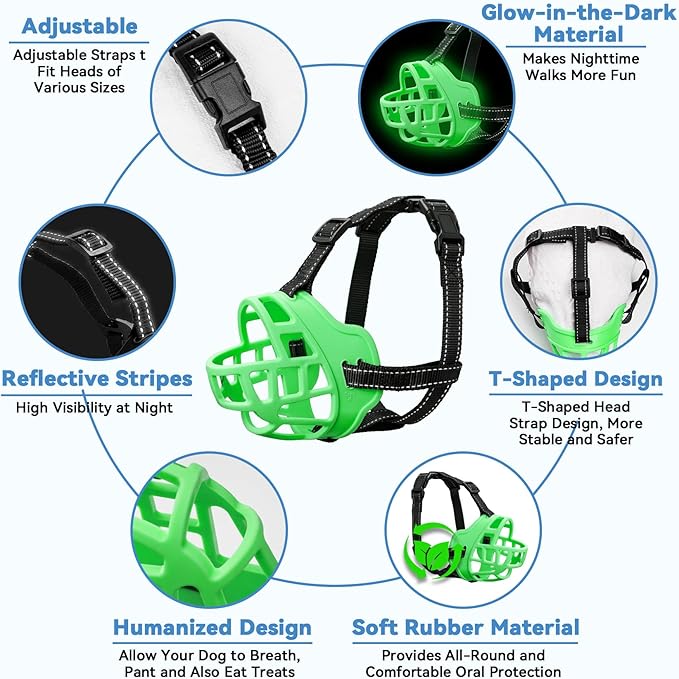 Dog Muzzle for Large Dogs, Breathable Basket Muzzles for Small, Medium and X-Large Aggressive Dog, Allows Panting Drinking, Suitable for Grooming Trimming Training (6, Luminous Green)