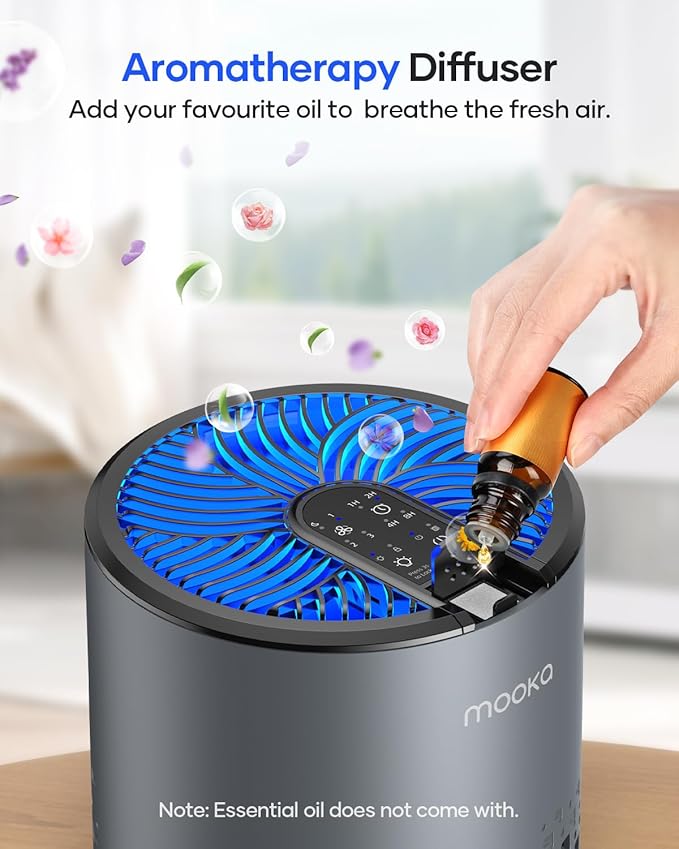 Air Purifiers for Bedroom Home, MOOKA HEPA Air Purifier for Home Pets with Fragrance Sponge for Smoke Dust Pollen Dander Odor, Small Air Purifier with Sleep Mode Night Light Timer, KJ067L, Grey
