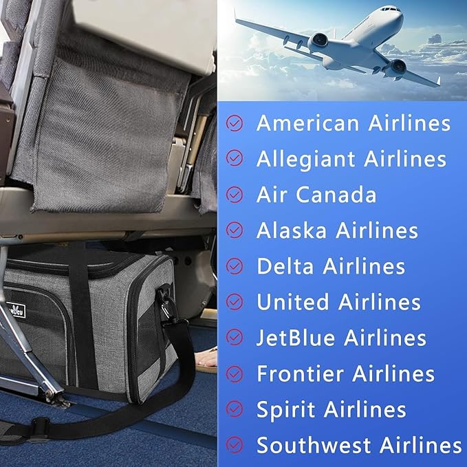 Airline Approved Pet Carrier, Collapsible Cat Carrier, Expandable Dog Carrier, 900D High Density Oxford Cloth, Wear-Resisting, Anti Tearing, Safety Lock Zipper, Reflective Tape