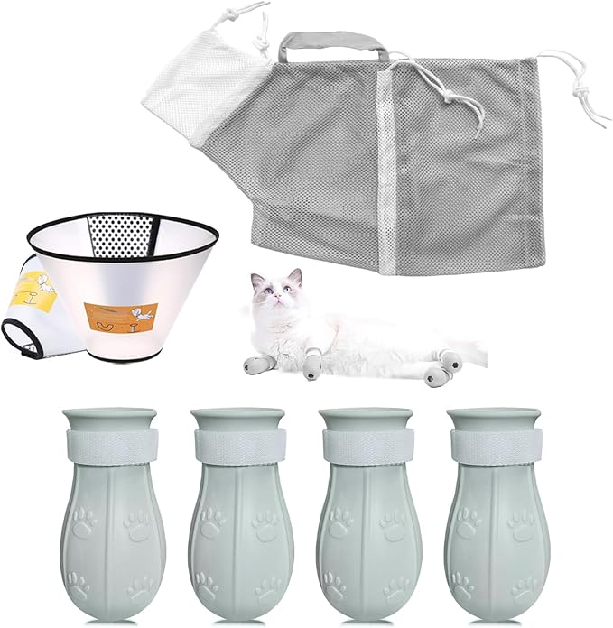 7-Piece Cat Bathing Set - Anti-Scratch Silicone Shoes, Claw Covers, Shower Net, Bathing Bag & Elizabethan Collar (Grey-3)