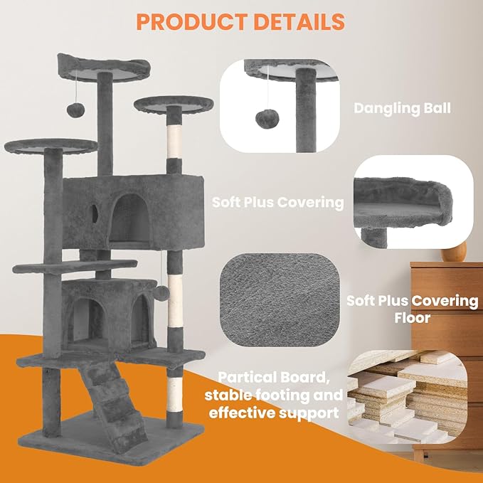 54.7 Inches Cat Tower for Indoor Cats, Multi-Level Cat Condos with Scratching Posts, Hanging Toys, Light Gray