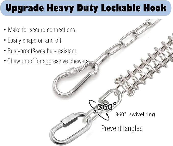 25ft Heavy Duty Chew Proof Dog Tie Out Chain Leash with Shock Absorbing Spring&Lockable Hooks-Up to 200Lbs,Use for Yard,Garden,Camping or Travel