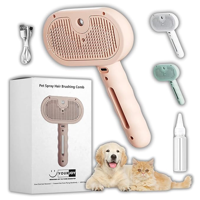 4 in 1 Cat Steam Brush: steam brush for cats, Grooming, Shedding, Mist Spray, Hair Removal Comb & Massager, USB Rechargeable Self Cleaning cat steam brushes for indoor cats - Pink
