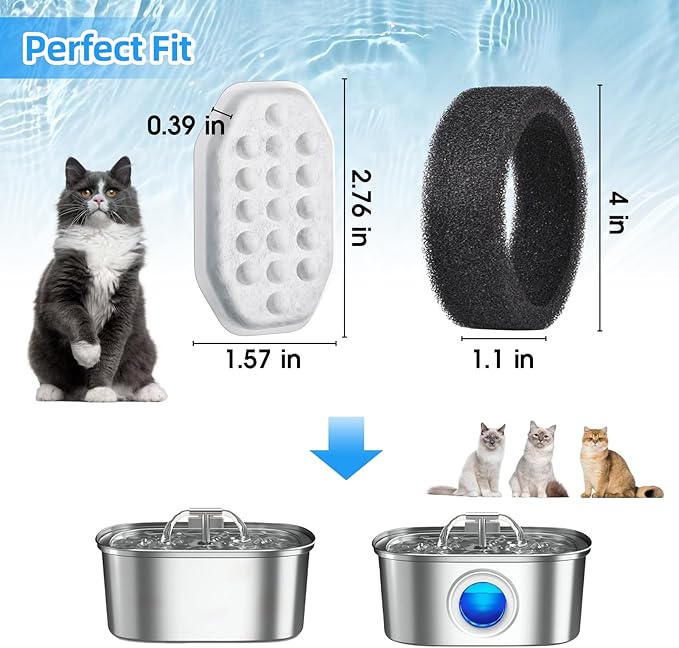 40 Pack Cat Water Fountain Filters-Cat Fountain Replacement Filters for Stainless Steel 3.2L/108oz Adjustable Water Flow Cat Fountain(20 Pack Pet Water Filter Refills+20 Pack Sponges)