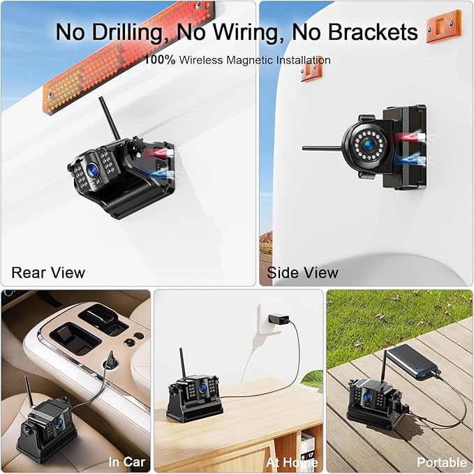 Fookoo 1080P 9" Magnetic Wireless Backup Camera, HD 9" IPS Monitor, Rechargeable 2 Side View 1 Rear View Cameras,1 Min Easy Install, Long Battery Life No Drilling IR Light for Trailer RV Truck DCX903