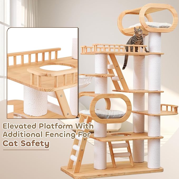 76.8'' Tall Modern Large Cat Tree,Multi-Level Wood Cat Tower for Indoor Cats Large Adults,Luxury Heavy Duty Cat Condo with Cushion,Scratching Posts,Clear Hammock Activity (76.8inch)