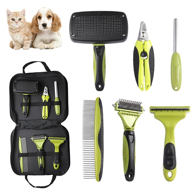 6 PCS Dog and Cat Grooming Kit, Versatile Tools Including Shedding Brush, Nail Clipper with Nail File, Slicker Brush, Dematting Comb