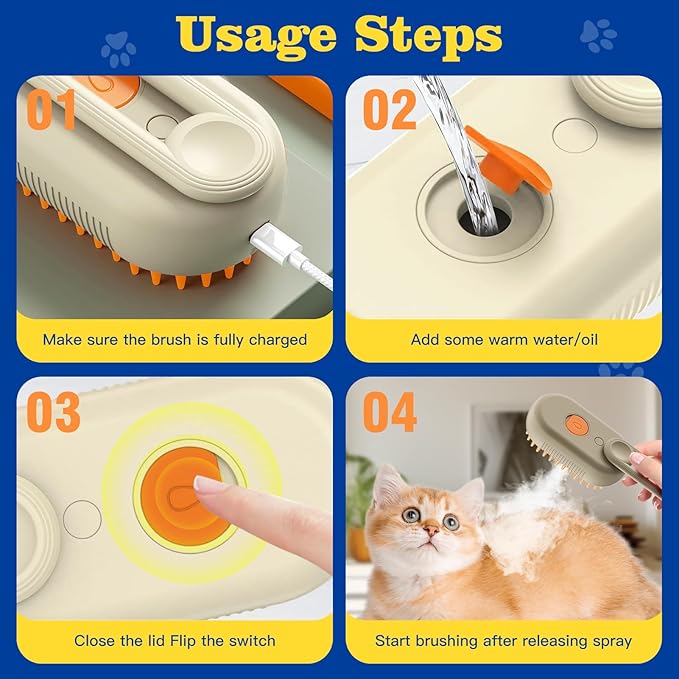 Cat Steam Brush for Shedding with Foldable Handle 4 in 1 Rechargeable Steam Brush for Cats and Dogs,Haired Pets Spritz Defur Comb for Cats Pet Spray Grooming Tool for Hair Removal & Massage