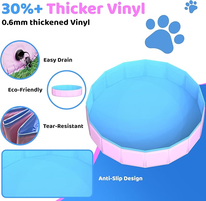 2025 Updated Foldable Dog Pool, 39.5" x 12" Kiddie Pool with Hard Plastic, Non-Slip Dog Bath Tub for Outdoor Backyard, Collapsible Dog Swimming Pool for Kids Dogs Pets (Pink)