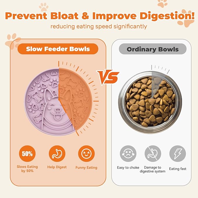 Dog Slow Feeder Bowl, Silicone Dog Bowl, Non-Slip Suction Cups Design,Boring and Anxiety Reducer.(Light Purple)