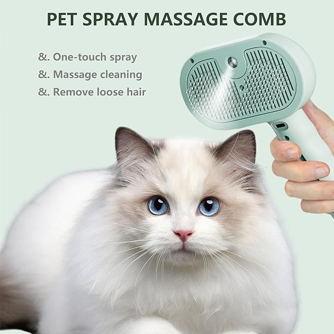 Cat Steam Brush 3 In 1，Pet Brush for Cat Hair Removal with Anti-Lost Pet Pendant，Spray Hair Removal Comb for Dogs Long Short Haired, Green