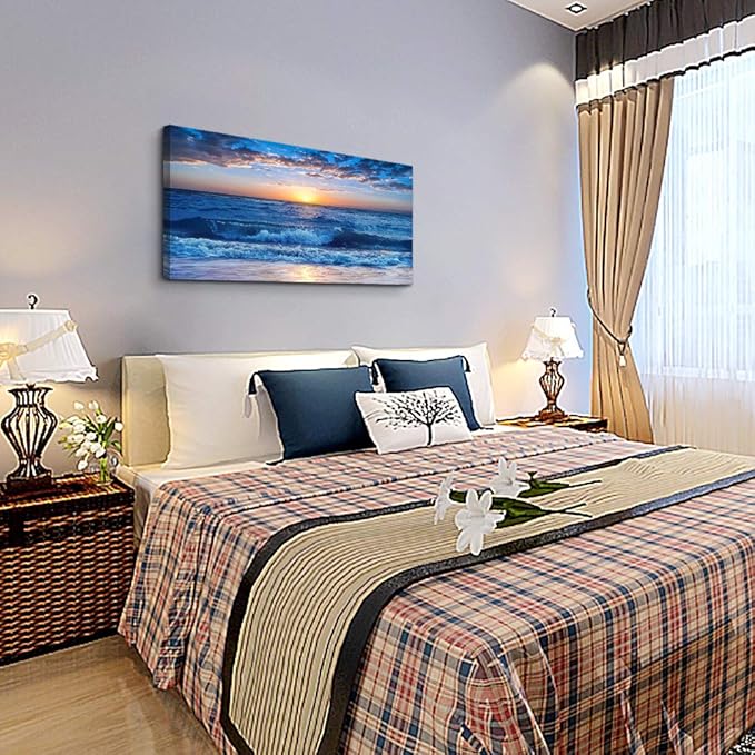 canvas wall art for living room Blue Ocean Sea sun landscape painting bathroom Wall Decor Ready to Hang for Home Decorations office family bedroom kitchen Works canvas Prints pictures 24" x 48"inch