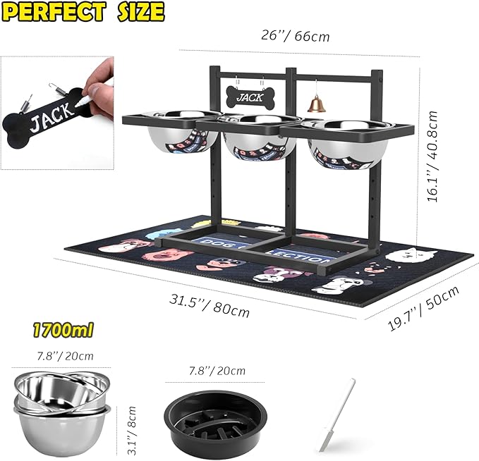 Elevated Dog Bowl Stand for Medium/Large Dogs with Slow Feeder & Mat, Adjustable Height 3.9'',5.5'',7.1'',8.7'',10.2'',11.8'', 58oz Raised Triple Dog Food Water Bowls