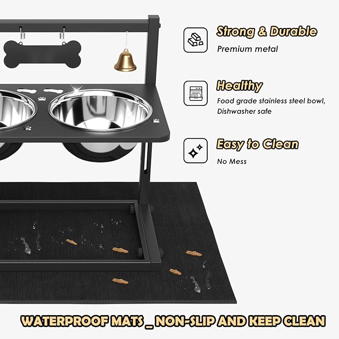 Elevated Dog Bowls with Slow Feeder and Spill Proof Mat, Adjustable Height 4.3-11.8'', Two 1.7L Stainless Steel Food & Water Bowls, Metal Raised Dog Bowl Stand, for Large Medium Breeds