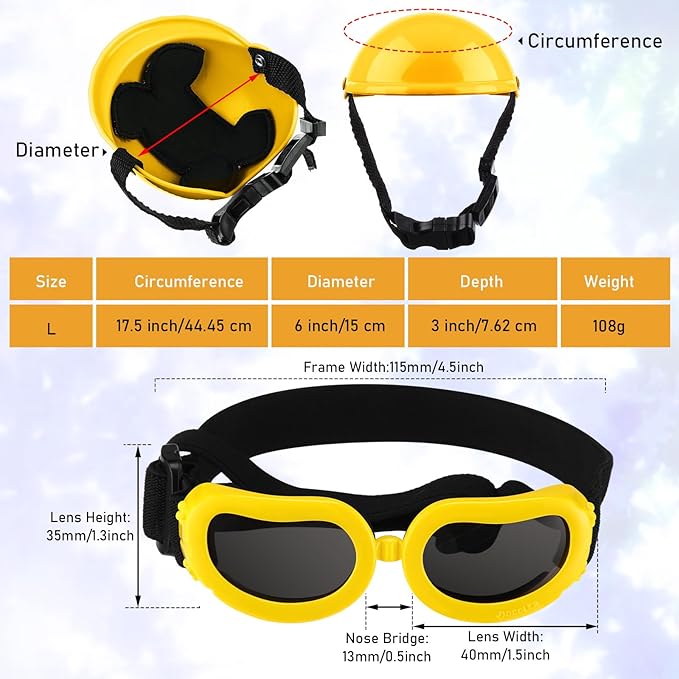 Frienda Dog Helmet and Goggles, UV Protection Doggy Sunglasses and 4 Inch Padded Puppy Motorcycle Helmet Adorable Dog Goggles with Adjustable Belt for Small Dogs Puppy Riding (Yellow,L)