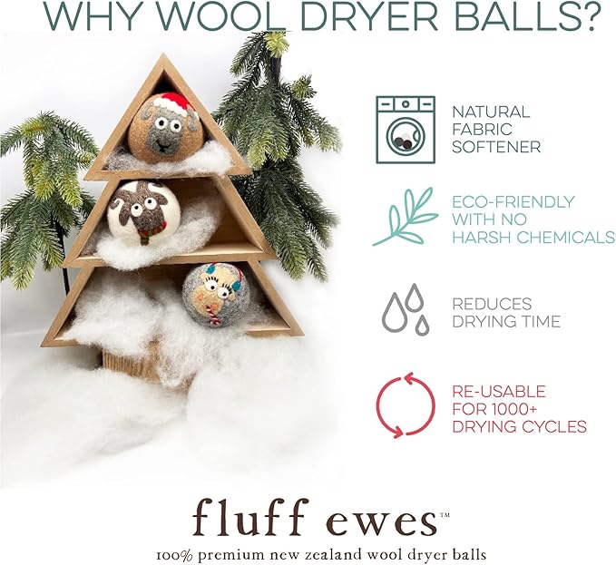 Fluff Ewes Wool Dryer Balls 3 Pack Premium New Zealand Wool Laundry Balls for Dryer, No Static Dryer Balls Laundry Reusable, XL Christmas Dryer Balls, Holiday Dryer Balls - Sheep in Heavenly Peace