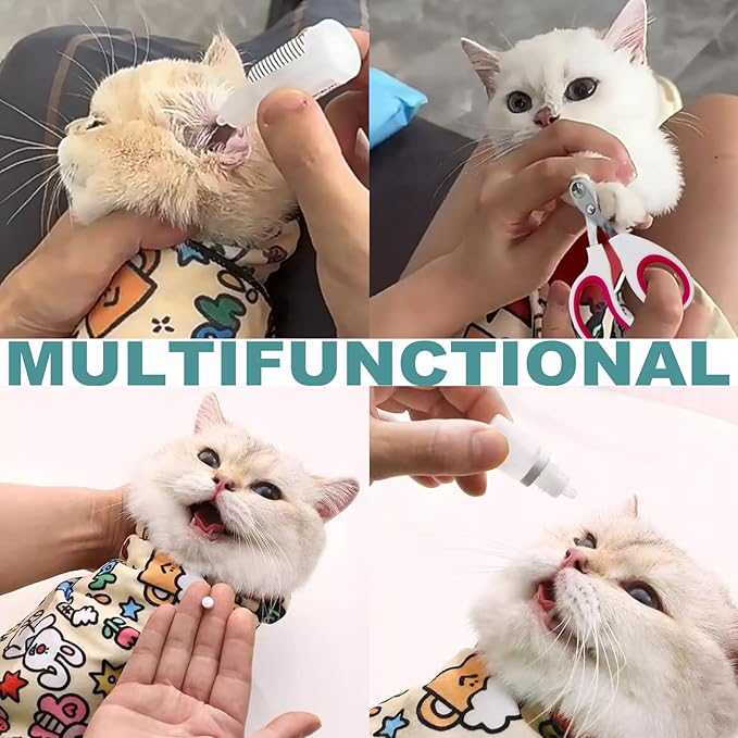 Cat Grooming Wrap for Cutting Nails with Cat Nail Clipper, Self-Adherent Wrap for Ear Cleaning, Anti-Runaway/Scratch, Cat Swaddle Wrap for Calming, Cow White