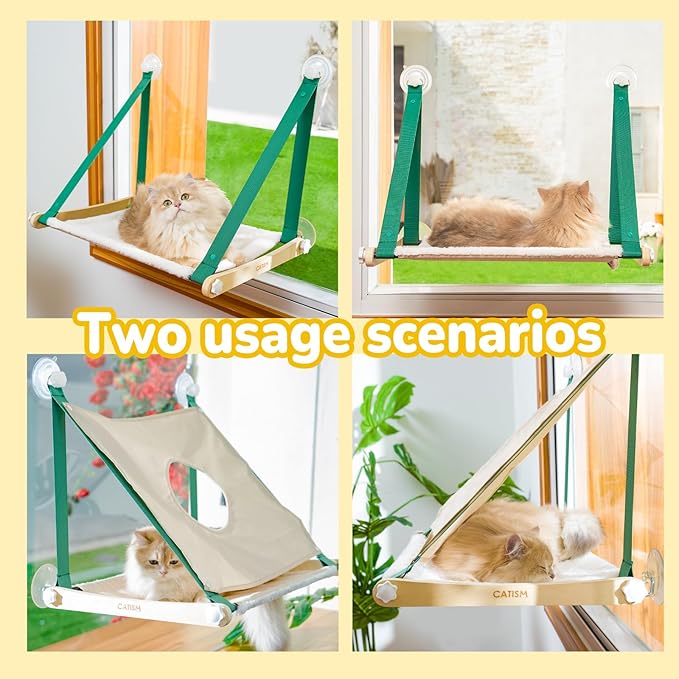 CATISM Cat Window Perch Foldable - Cats Hammock for Window, 2 in 1 Cat Window Hammock Bed for Indoor Cats, Cat Perch with Sturdy Screw Suction Cups for Kittens (Green)