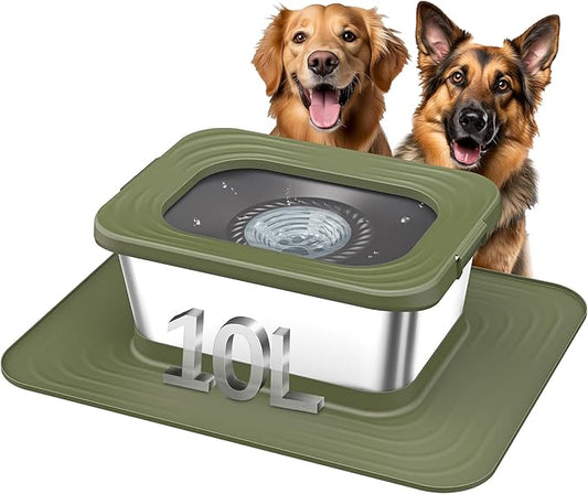 Decflow 10L Stainless Steel Dog Water Bowl, No Spill Anti-Splash Dog Bowls with XXL Silicone Mat, Spill-Proof Slow Feeder for Messy Drinkers, Heavy Duty Pet Bowls for Indoor/Outdoor Use