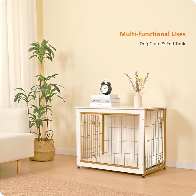 DWANTON Dog Crate Furniture with Cushion, Wooden Kennel Table with Double Doors, Indoor Dog House, Medium Size, 32.5" L, White