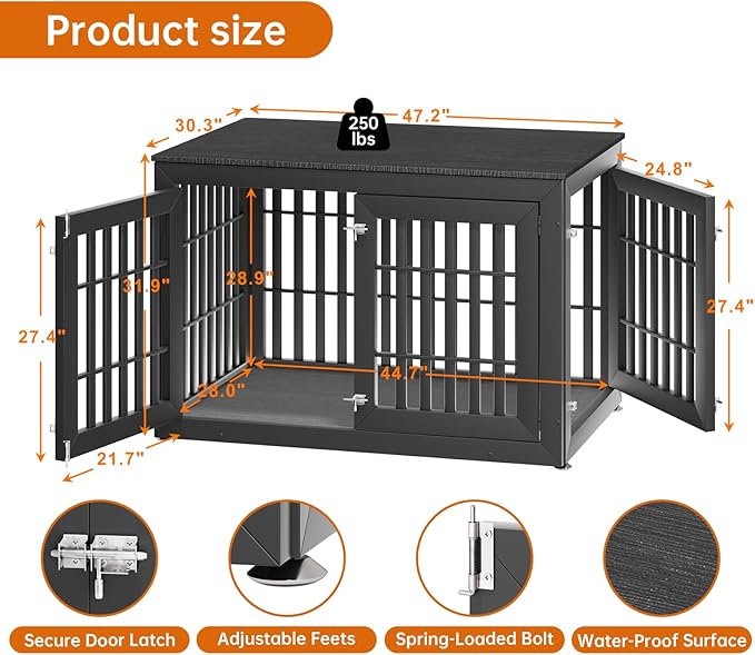 48" Heavy Duty Dog Crate Furniture for Small,Medium and Large Dogs,Rustic Wooden Dog Cage Kennel Indoor Furniture with Waterproof Top,Decorative Pet House Side End Table (Black)