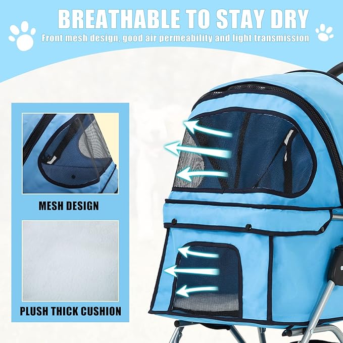 Dog Stroller, Folding 4 Wheels Pet Stroller for Small Medium Dog Cat Travel Carrier with Weather Cover Storage Basket Cup Holders Blue