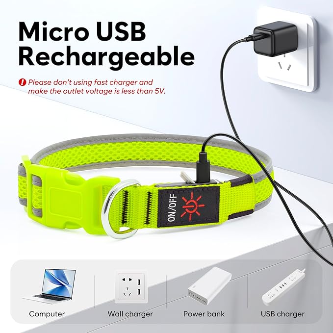 Flashseen LED Dog Collar, Light Up Dog Collar Lights USB Rechargeable, Adjustable Comfortable Soft Mesh Safety Collar for Small, Medium, Large Dogs(Large, Neon Green)