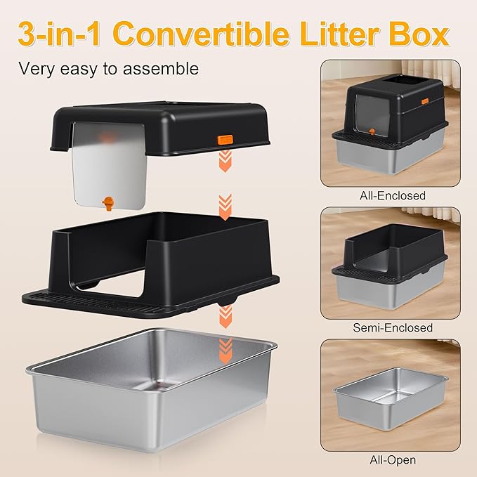 Enclosed Stainless Steel Litter Box with Lid, 20L Metal Enclosed Litter Box for Big Cat, Flip-Top Design with Anti-Leakage High Sides, Cat Lovers Gifts（Black）