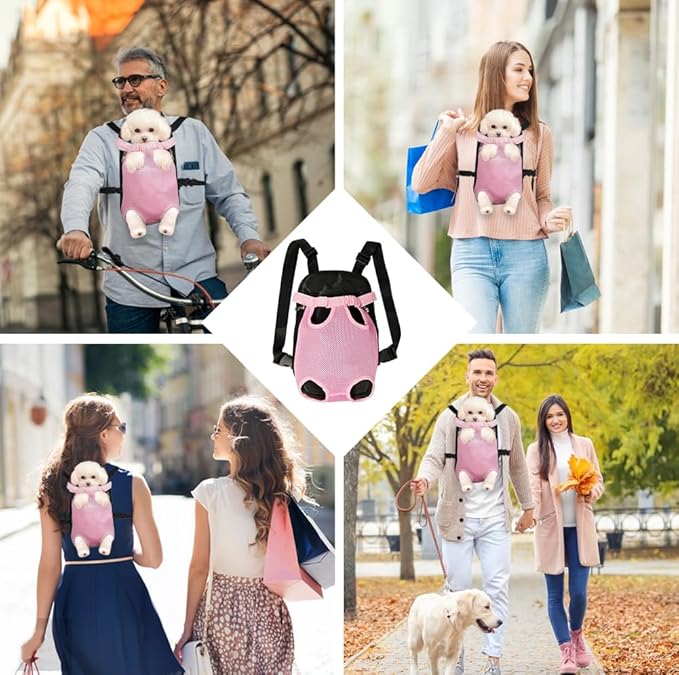 FEimaX Dog Carrier Backpack Pet Legs Out Front Cat Travel Bag, Adjustable Puppy Backpacks Carriers Hands-Free for Small Medium Dogs Cats Hiking Traveling Camping Daily Walking (Medium, Pink)