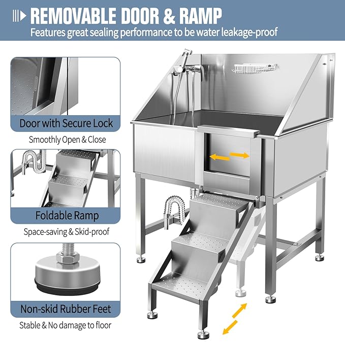 38" Pet Dog Bathing Station W/Ramp, Professional Stainless Steel Dog Grooming Tub W/Floor Grate, Faucet, Dog Bathtub for Large,Medium, Small Pets, Washing Sink for Home,R-RAMP