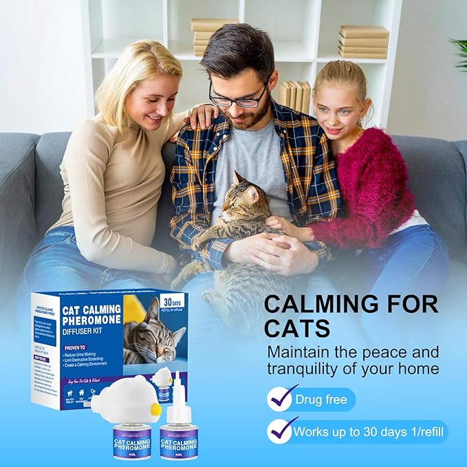 Cat Calming Diffuser Kit for Cat Anxiety Relief, 3-in-1 Cat Pheromone Diffuser Kit with 1 Diffuser +2 Refill 48ml Vial for 60-Day Use, Reduces Separation Anxiety, Aggression, and Stress
