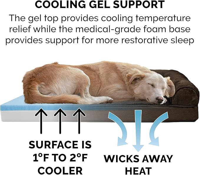 Furhaven Cooling Gel Dog Bed for Large Dogs w/ Removable Bolsters & Washable Cover, For Dogs Up to 125 lbs - Plush & Suede Sofa - Espresso, Jumbo Plus/XXL