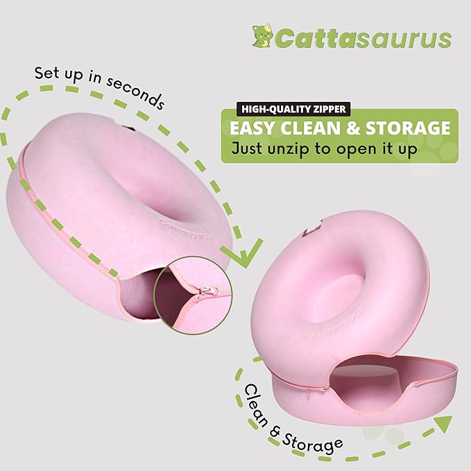 Cattasaurus Peekaboo Cat Cave for Multiple & Large Cats Up to 30-45 Lbs, Scratch Detachable & Washable Tunnel Bed, Comfy Donut Cat Cave (Pink, Large)