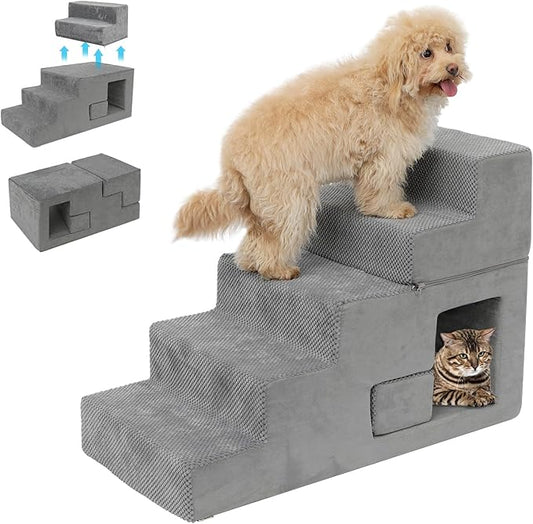 Dog Stairs for Small Dogs 23” H, 5-Step Dog Steps for High Bed, High-Density Foam Pet Stairs with Non-Slip Removable Washable Cover to Get on Bed