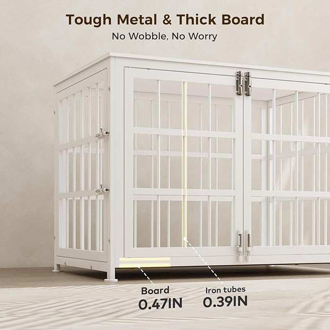 38 Inch Heavy Duty Wooden Dog Kennel End Table with Double Door Design and Secure Locks, Indoor Pet Crate Furniture for Medium Dogs, Decorative Home Cage Design,White