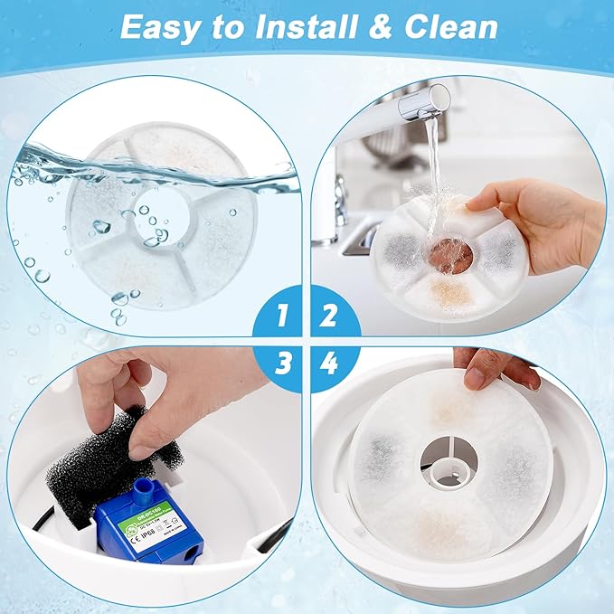 Cat Water Fountain Filter Replacement, 4 Pcs Cat Fountain Filters with 3-Filtration System, Round Cats Carbon Filters Compatible with 81oz /2.4L Round Automatic Pet Fountain Water Dispenser