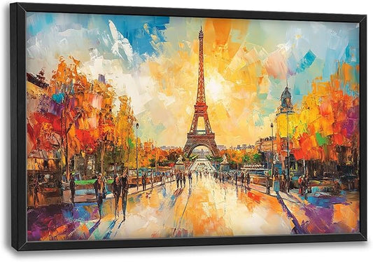 Framed Large Eiffel Tower Wall Art for Living Room, Oversized Paris City Street Landscape Wall Decor, Colorful Sunrise Canvas Painting Modern Artwork for Living Room Bedroom Office 36"x24"