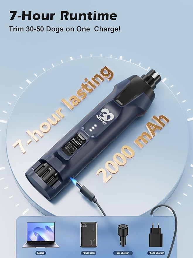 Casfuy 6-Speed Dog Nail Grinder – 50%+ Boost Power Dog Nail Trimmers Quiet with Dust Cap & 2 LED Lights & 2000mAh Battery & 4.8V Motor Electric Pet Toenail File Tool for Large Medium Small Dogs Cats