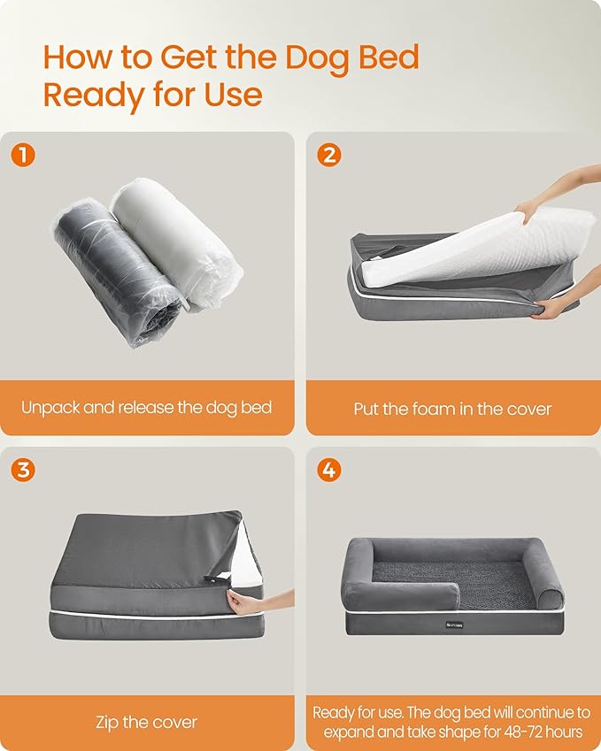 Feandrea Dog Bed, Orthopedic Large Waterproof Bed, Removable Washable Cover Dog Sofa with Non-Slip Bottom, Raised Edges, 42 x 32 x 8 Inches, Light Gray UPGW077G02V1