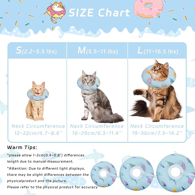 Cat Cone Collar Soft, Adjustable Cat Recovery Collars Kitten Cones to Stop Licking, Cute Donut Cones for Cats After Surgery, Elizabethan Collar for Kittens After Spay(Blue Fish, Large)