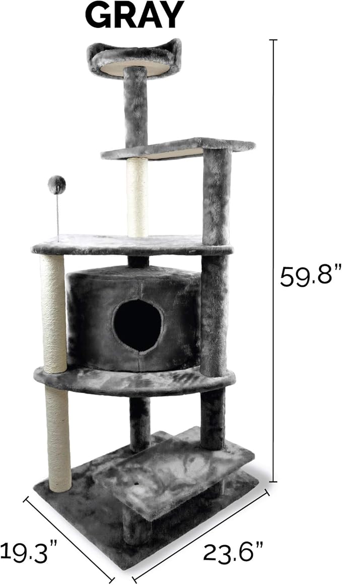 Furhaven 59.8" Tall Cat Tree for Indoor Cats, Ft. Sisal Scratching Posts, Condo, & Toys - Tiger Tough Platform House Interactive Playground Tower - Gray, One Size
