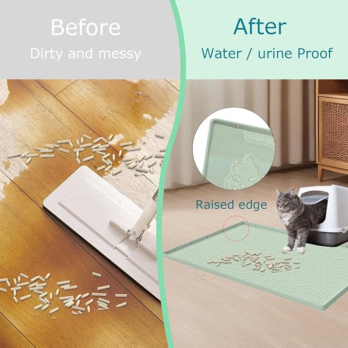 Cat Litter Mat, Silicone Large Cat Mat for Litter Box - 34x22 in, Waterproof & Non-Slip, Durable & Easy Clean, Green