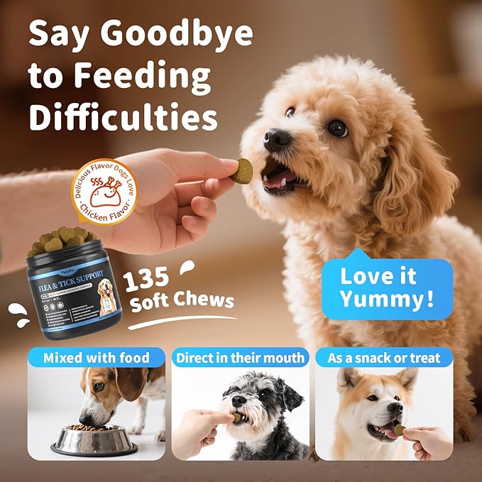 Dog Flea and Tick Support Chewable, Natural Dog Flea Comfort Supplement, Oral Chews with Neem, Oregano Oil, Pumpkin Seed Oil & Brewer's Yeast – 135 Soft Chews, Chicken Flavor – for All Breeds & Sizes